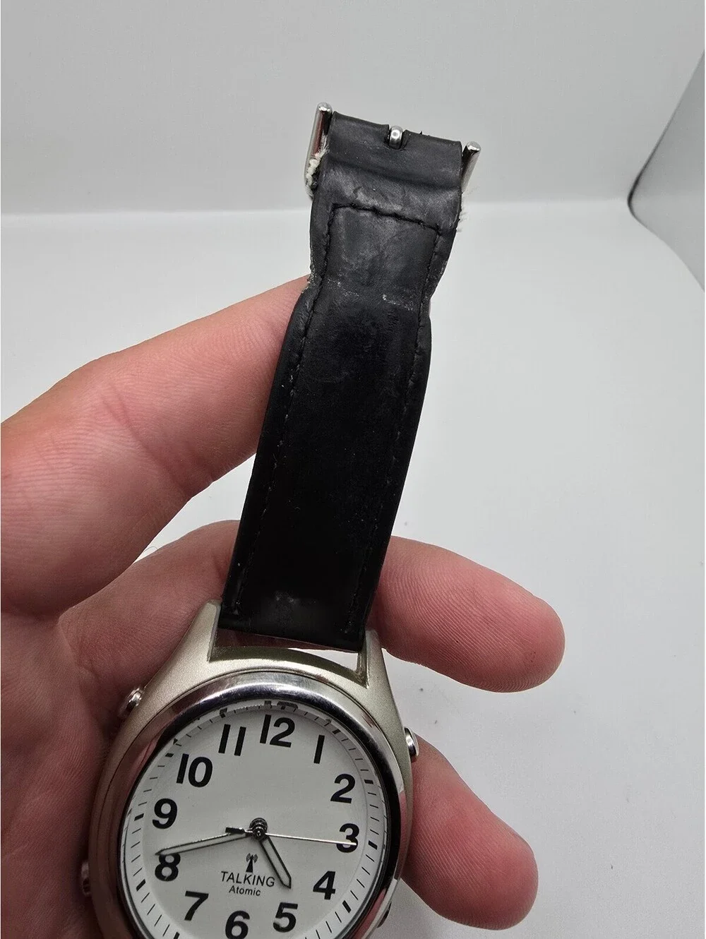 Talking Atomic Radio Controlled Quartz Analog Watch White Dial Black Leather